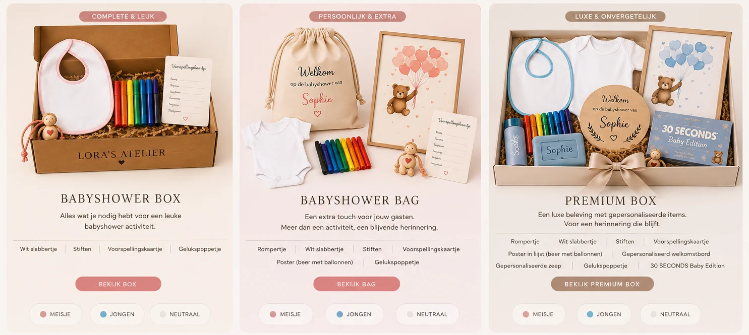 Lora's Atelier Babyshower Box, Babyshower Bag en Premium Box